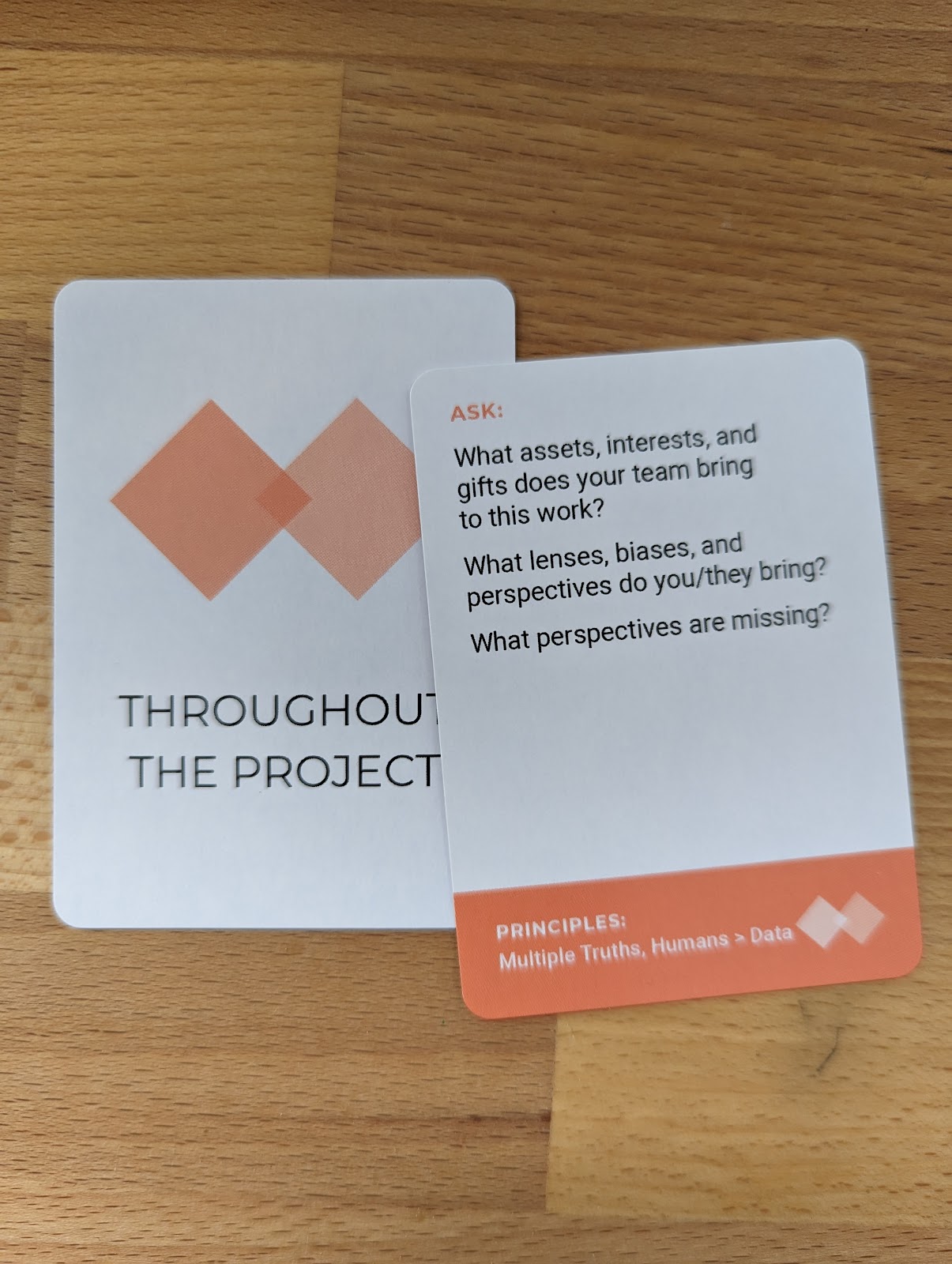 Image: A card from our data equity deck that poses a reflection question to be asked throughout the project: What assets, interests, and gifts does your team bring to this work? What lenses, biases, and perspectives do you/they bring? What perspectives are missing?