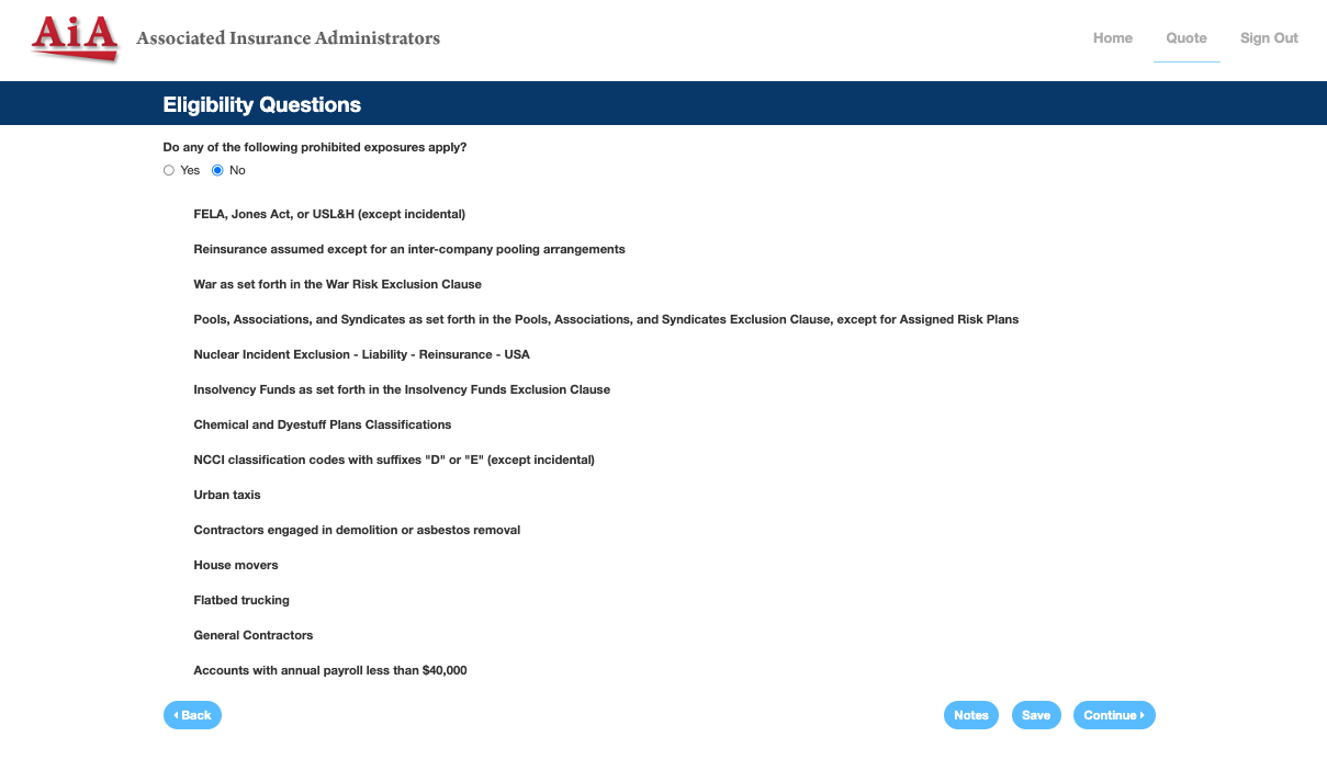 Screenshot of AIA QuikRATE showing the eligibility questions