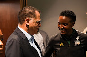 Safa president Danny Jordaan and Banyana Banyana goalkeeper Andile Dlamini  during the South Africa women's national soccer team breakfast send-off at Radisson Blu Hotel Sandton on June 21 2023.