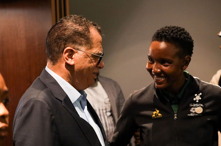 Safa president Danny Jordaan and Banyana Banyana goalkeeper Andile Dlamini during the South Africa women's national soccer team breakfast send-off at Radisson Blu Hotel Sandton on June 21 2023.