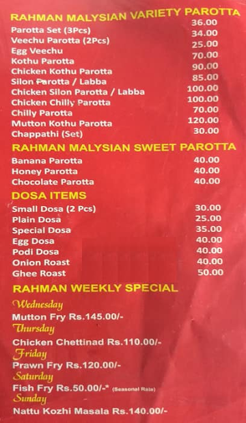 Rahman Biriyani menu 