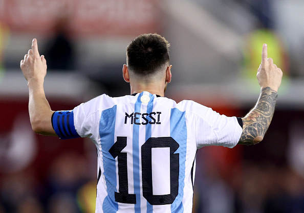 Lionel Messi of Argentina celebrates his goal in the second half against Jamaica at Red Bull Arena on September 27 2022 in Harrison, New Jersey. Argentina defeated Jamaica 3-0.