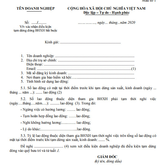 Công văn  gửi bảo hiểm xã hội xin tạm dừng đóng vào quỹ hưu trí, tử tuất.