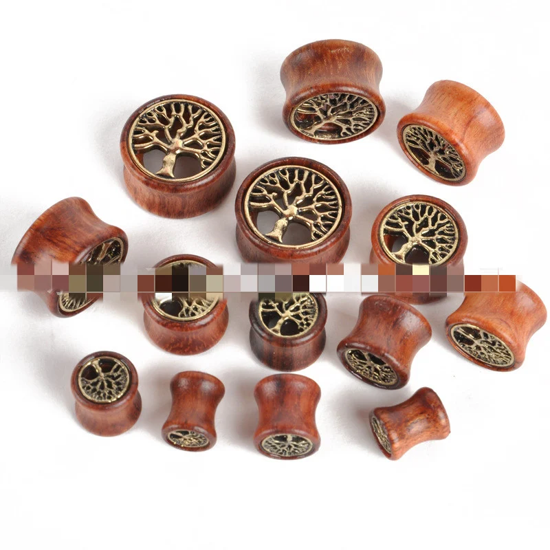Expander d'oreille Qianyi Lucky Tree en bois et cuivre, accessoire de piercing corporel, creux et incrusté, pour oreilles étendues.