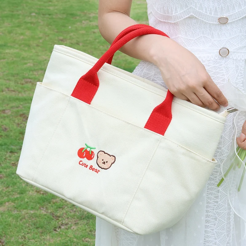 Sac isotherme Cherry Bear, portable, pour bureau. Grande capacité de rangement pour les déjeuners. Sac pratique et esthétique pour le travail.