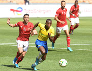 Peter Shalulile of Mamelodi Sundowns with ball possession during the CAF Champions League match between Mamelodi Sundowns and Al Ahly SC at FNB Stadium.