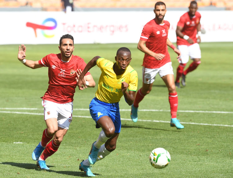 Peter Shalulile of Mamelodi Sundowns with ball possession during the CAF Champions League match between Mamelodi Sundowns and Al Ahly SC at FNB Stadium on March 12, 2022 in Johannesburg.