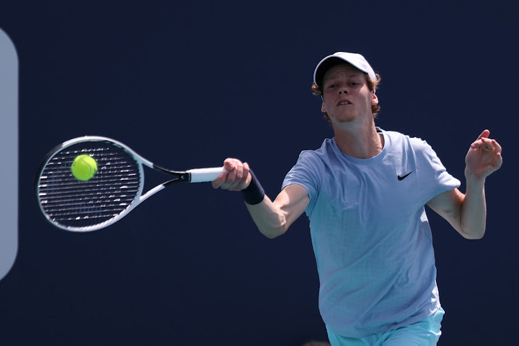 Jannik Sinner of Italy in action during the Miami Open at Hard Rock Stadium