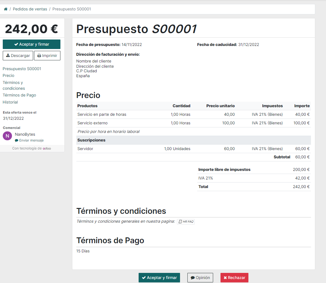 presupuesto creado en odoo