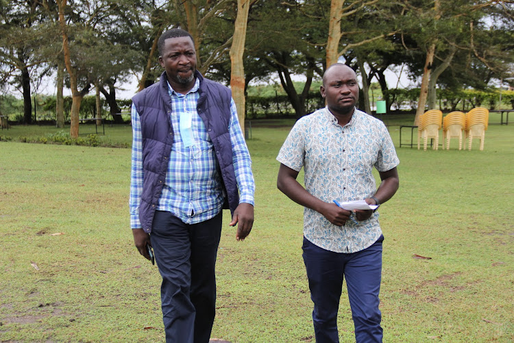 Homa Bay Kenya National Union of Nurses chairman Amos Ogaga and secretary Emmadic Okeyo in Homa Bay town on August 2, 2022