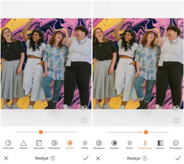 Foto de quatro amigas sendo editada pelo AirBrush com a ferramenta Realçar