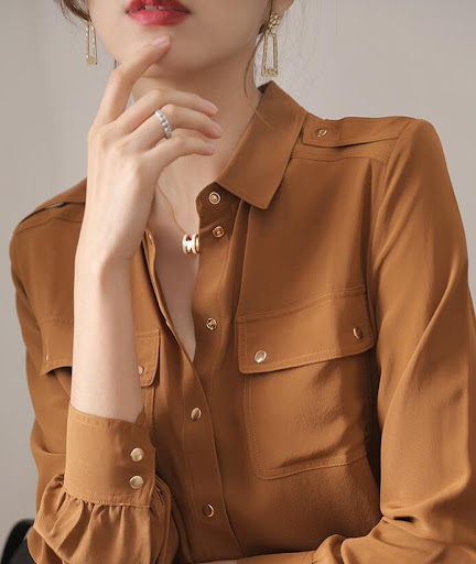 Title 2, Womens Long-sleeved Solid Color Silk Shirt