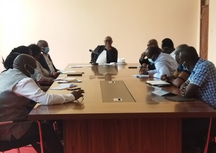 Kisii County Governor James Ongwae in a meeting with chief executive officers of various public and private sector organizations at Agricultural Training Center in Kisii on October 6.