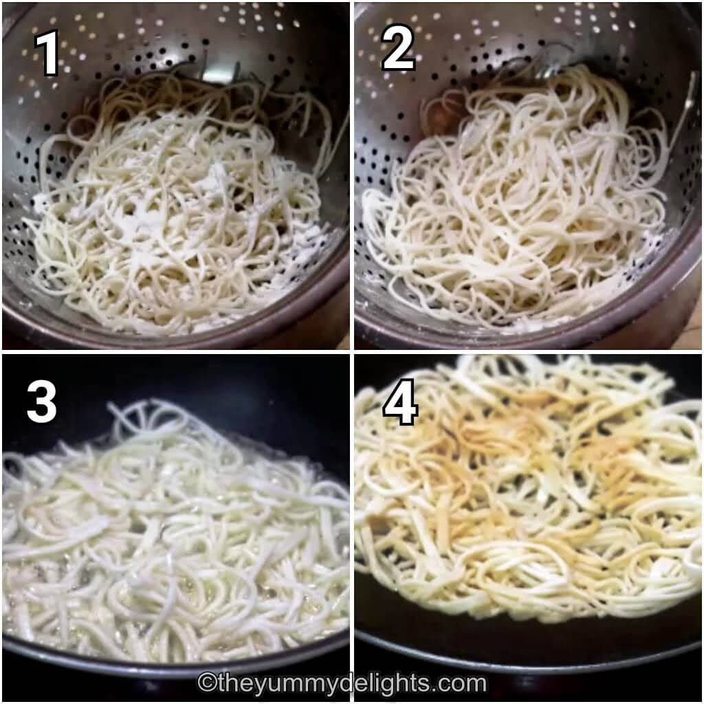 step by step image collage of making the crispy fried noodles