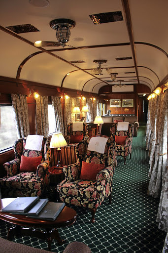 The lounge car is all old-fashioned opulence.