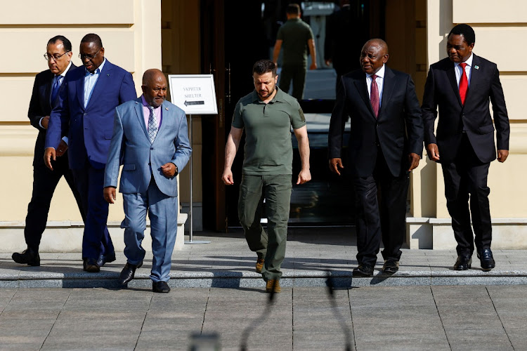 Egypt's Prime Minister Mustafa Madbuly, Senegal's President Macky Sall, President of the Union of Comoros Azali Assoumani, Ukraine's President Volodymyr Zelensky, South African President Cyril Ramaphosa and Zambia's President Hakainde Hichilema in Kyiv last month.