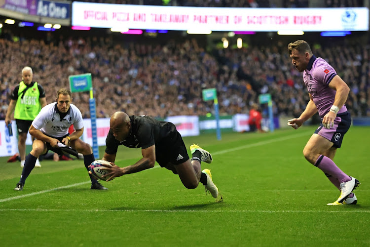 Mark Telea of New Zealand scores his team’s fourth try of the game during the match between Scotland and New Zealand at Murrayfield Stadium in Edinburgh, Scotland, November 13 2022. Picture: DAVID ROGERS/GETTY IMAGES