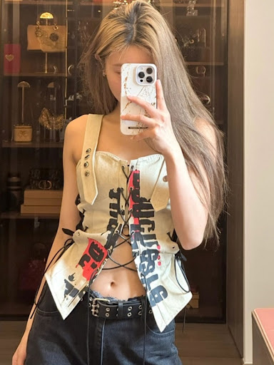 Title 2, Retro beige printed vest female design sense wi...
