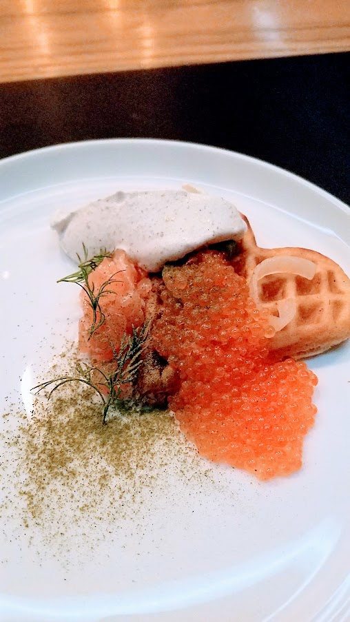 Fimbul PDX Konudagur Dinner course of dung-smoked trout, waffle, leak ash