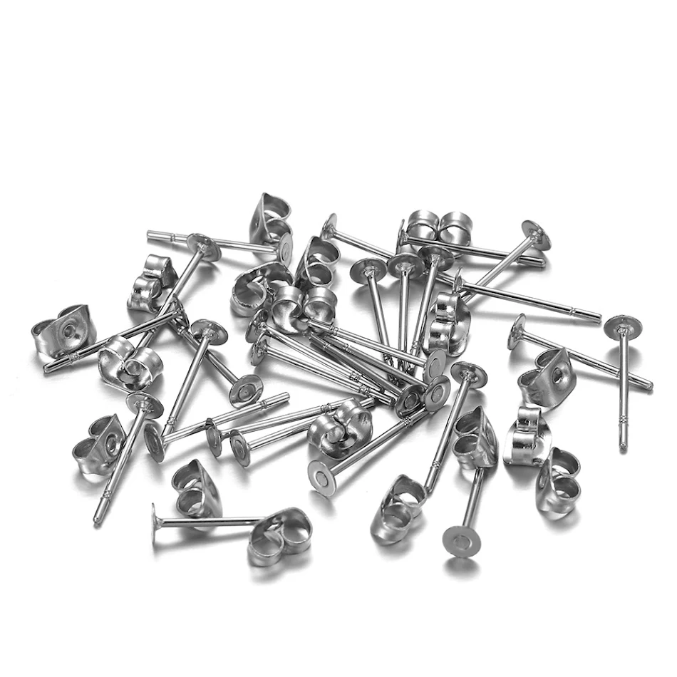 Juego de pendientes DIY con postes de acero inoxidable y soporte de disco plano, agujas auriculares para creación de joyas