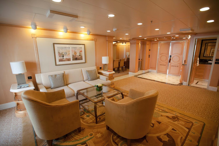 The living area in the ritzy Q1 Suite aboard Queen Elizabeth.