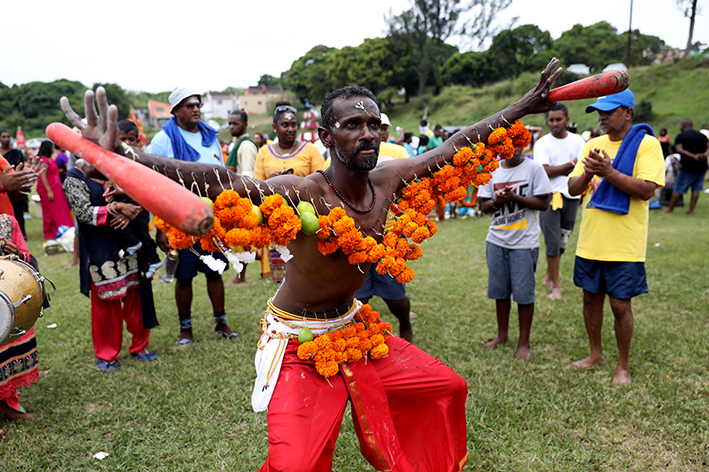 A Hindu devotee dances and celebrates.