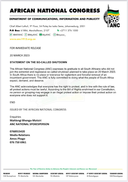 A statement from the ANC on the "so-called" shutdown