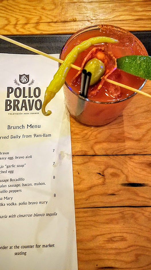 Brunch at Pine Street Market includes Pollo Bravo, offering La Tomatina Mary with Svedka vodka and Pollo Bravo bloody mary mix. You can make it a Maria with Cimarron Blanco Tequila if you'd like.