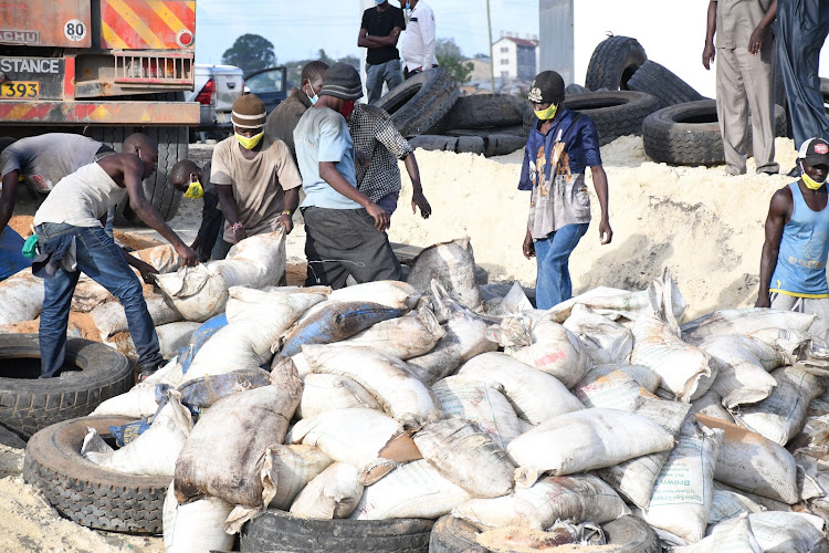 The 800 bags of contraband sugar set for destruction at Kibarani, Mombasa on Saturday.