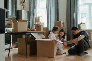 Family unpacking after moving