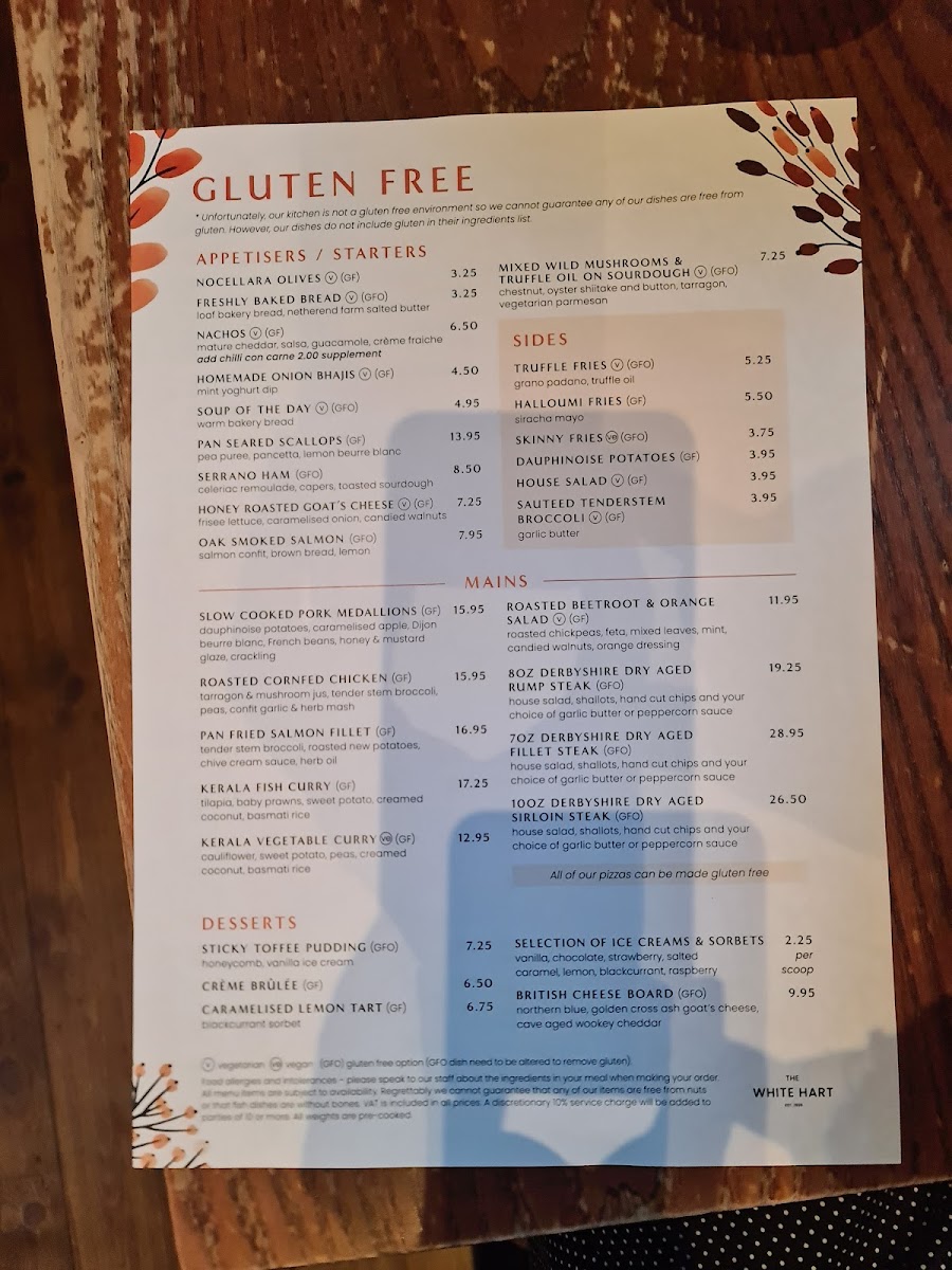 The White Hart gluten-free menu