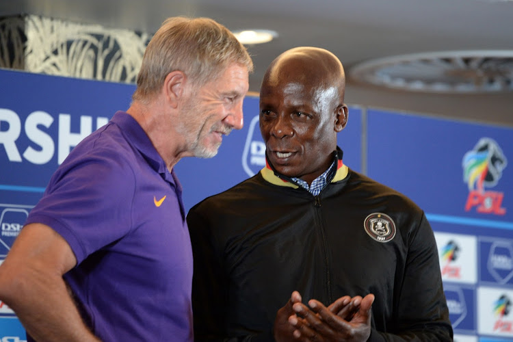 Kaizer Chiefs coach Stuart Baxter and Orlando Pirates coach Mandla Ncikazi during the Soweto Derby press conference at Hotel Sky in Sandon, Johannesburg on November 4 2021.