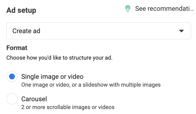 Single image or video selection for Facebook Ad setup.