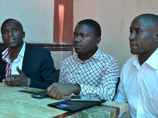 Lower Eastern University Students Association president Nason Kilonzo, Joseph Musyoka, a student leader at Jaramogi Oginga Odinga University of Science and Technology, and human rights crusader Steve Muumbu at a press conference in Kitui on Thursday /MUSEMBI NZENGU