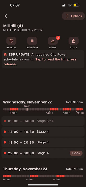 The app shows that Mill Hill will be load-shed three times on Wednesday from 2pm to 12am.