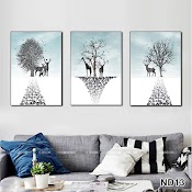 Tranh Treo Tường Canvas Phong Cách Bắc Âu 3 Bức Tranh Hươu Tài Lộc Trang Trí Phòng Khách, Phòng Ngủ, Phong Cách Độc Đáo