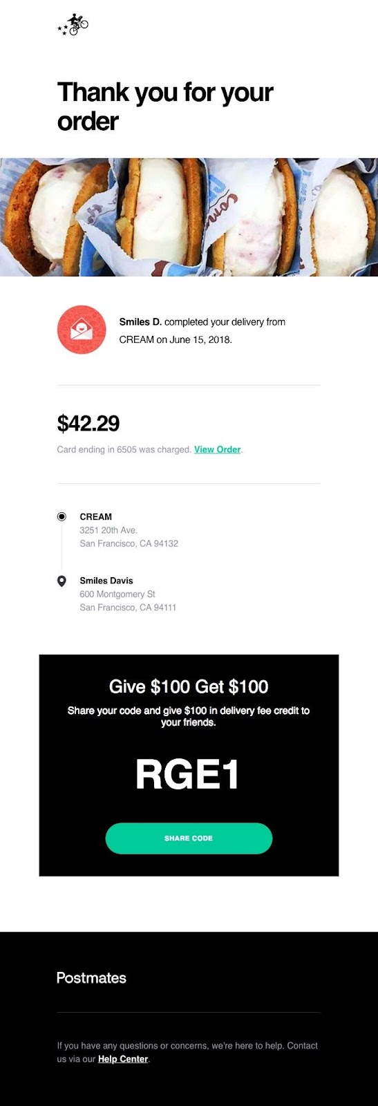 Postmates thank you email example