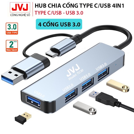 Hub Usb Typec C4 Jvj 4 Trong 1 Cổng Chuyển Đổi Chia Cổng Type - C/Usb Sang Usb 3.0/2.0 Cho Macbook Laptop - Bảo Hành 2 Năm