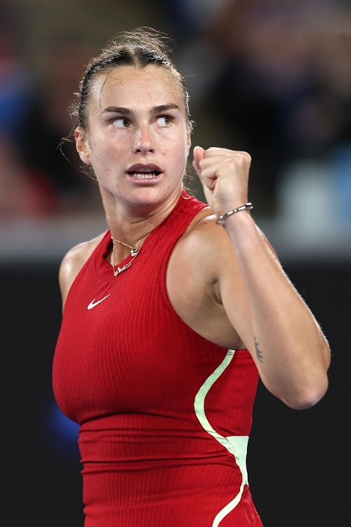 Aryna Sabalenka celebrates match point in their round four singles match against Amanda Anisimova of the United States during the 2024 Australian Open at Melbourne Park on Sunday