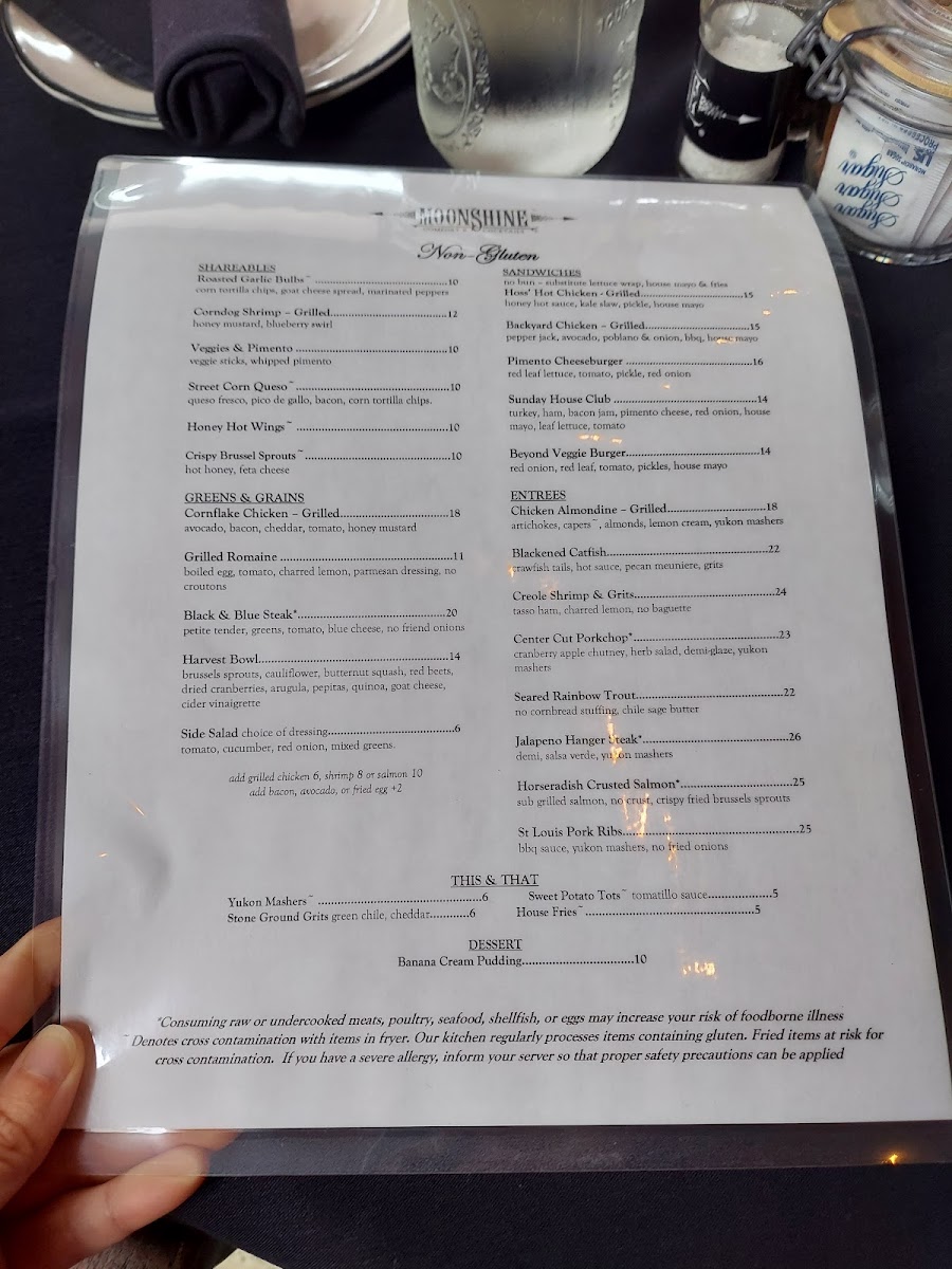 Moonshine Grill gluten-free menu