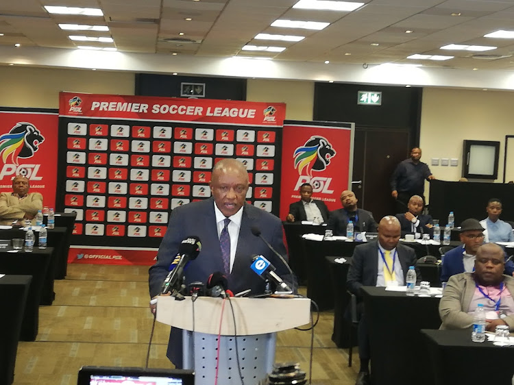 Premier Soccer League (PSL) chairman Irvin Khoza addresses the media after a league board of governors meeting at Tsogo Sun OR Tambo in Johannesburg where it was decided matches sill be suspended until further notice in response to the coronavirus outbreak in South Africa.