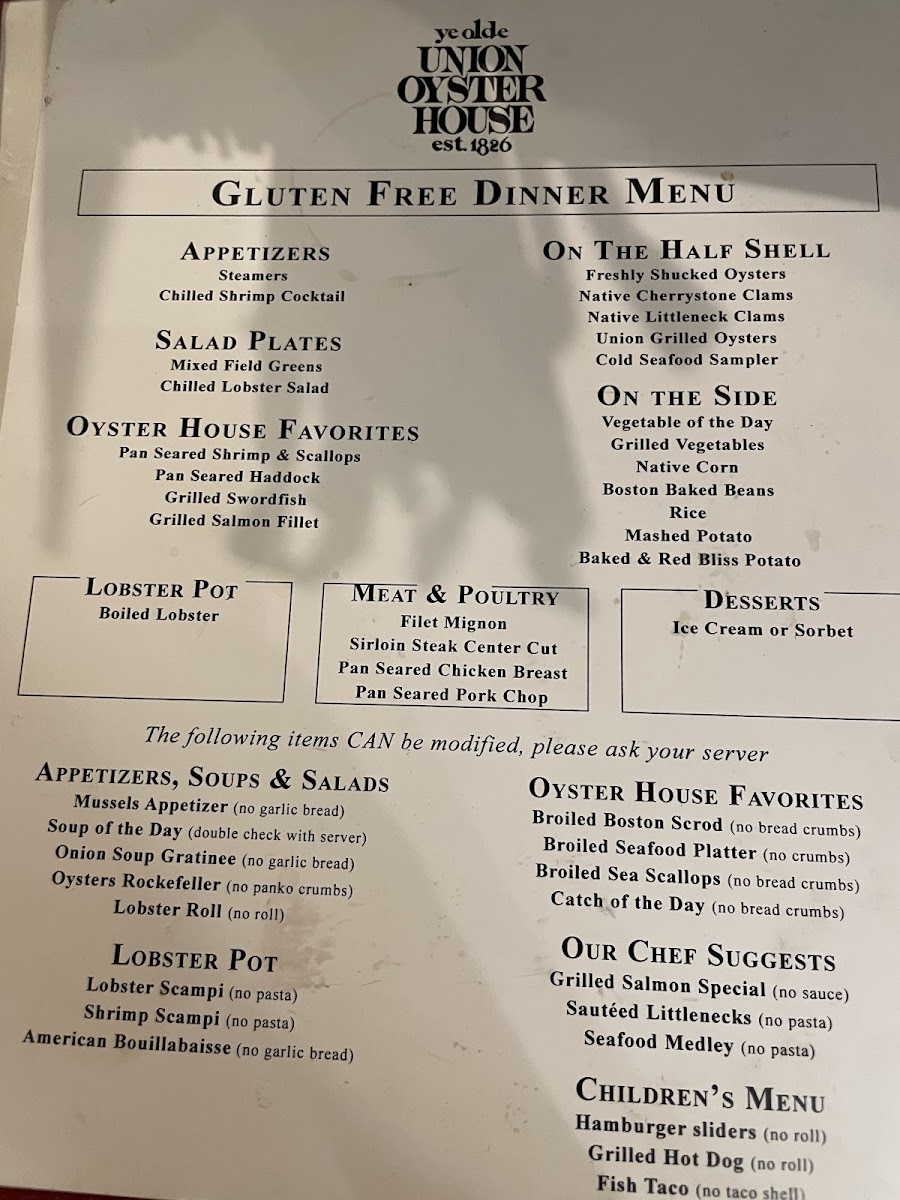 GF Dinner Menu