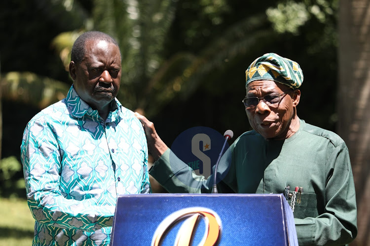 Azimio leader Raila Odinga and former President of Nigeria Olesegun Obasanjo during a press conference at Raila's Karen home in Nairobi, February 15, 2024.