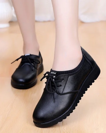 Solid Black Oxford Shoes Woman Work Leather Wedge Flats F... - 2