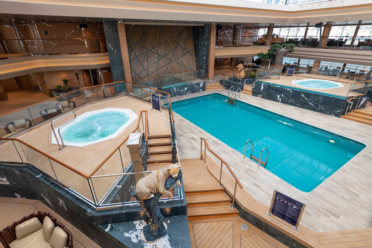 MSC Grandiosa boasts four pools and nine whirlpools, including the Safari Pool shown here.