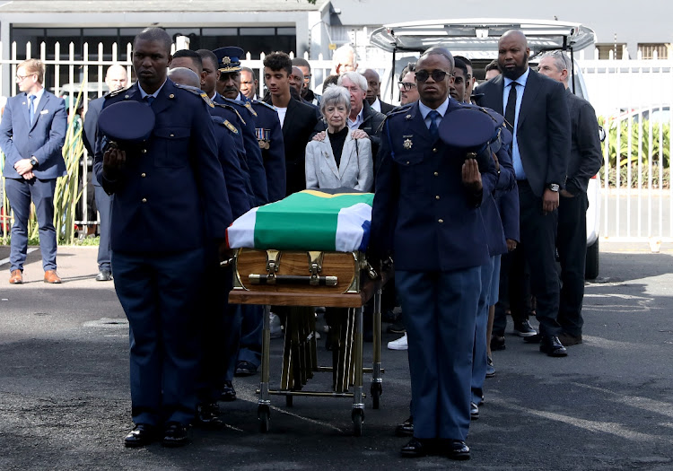 Members of the SAPS with Yvonne Barker, John Barker and MEC Siboniso Duma at the funeral of former Bafana Bafana coach Clive Barker at the Olive Convention Centre in Durban on Thursday, June 15 2023.