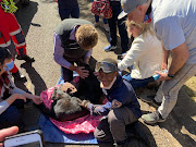 Pako Mondleke of Fire Ops sits happily with rescued Labrador, 14-year-old Sushi, after spending long periods hanging upside down in a stormwater drain to rescue the traumatised dog.