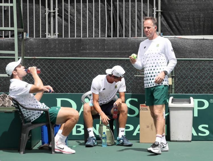 Team SA captain, Marcos Ondruska (R) with South African Davis Cup players Ruan Roelofse and Lloyd Harris during the SA and Israel practice session prior to at Irene Country Club on January 31, 2018 in Pretoria.