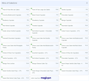 CakeZone menu 