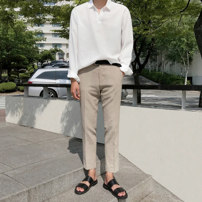 Heren Zomer Koreaanse Stijl Losse Trend Katoen Linnen Veelzijdige Negende Rechte Kleine Pak Broek.